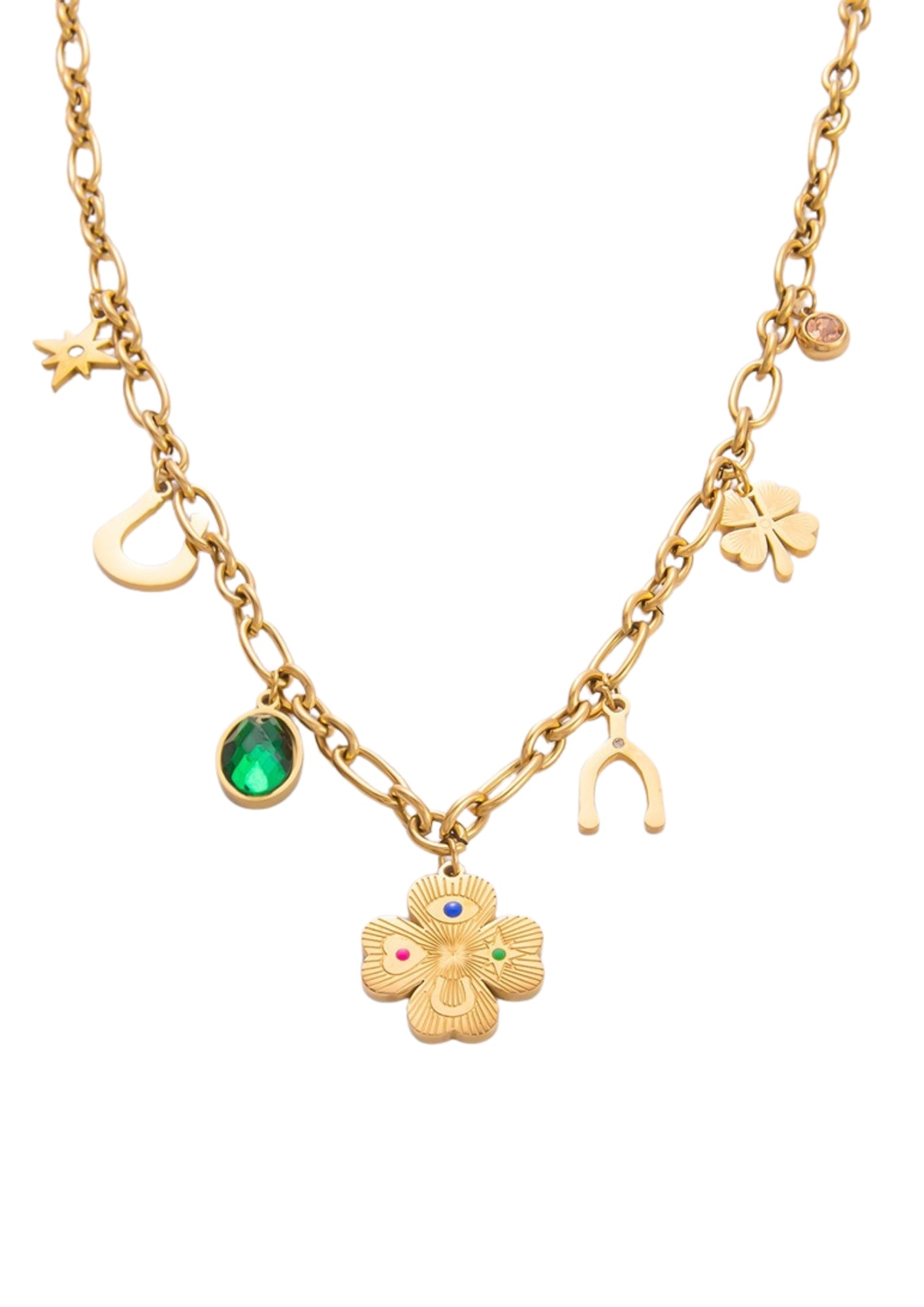 Layered chain necklaces in golden light"