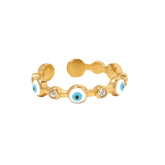 Stainless steel
Evil eye blue designed charms
Statement ring
open back design slight adjustable
Tarnish free &amp; waterproof

Ring height: 6.5mm

Weight: 3g
Choose your size

Available in gold